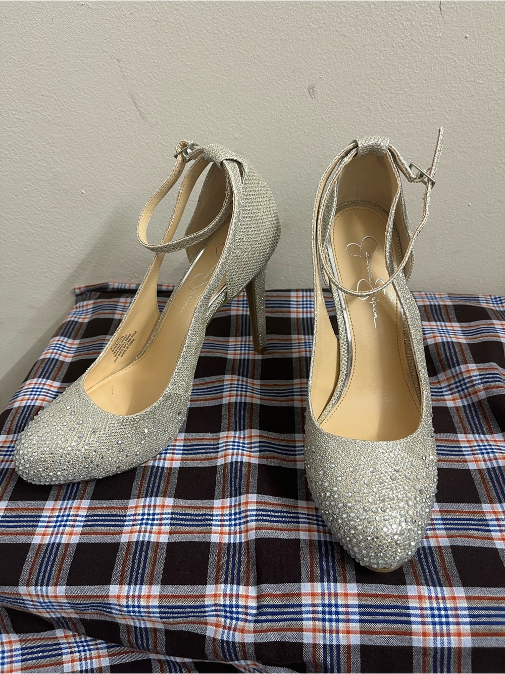 Jessica Simpson Crystal Embellished Silver Ankle-Strap Pumps
